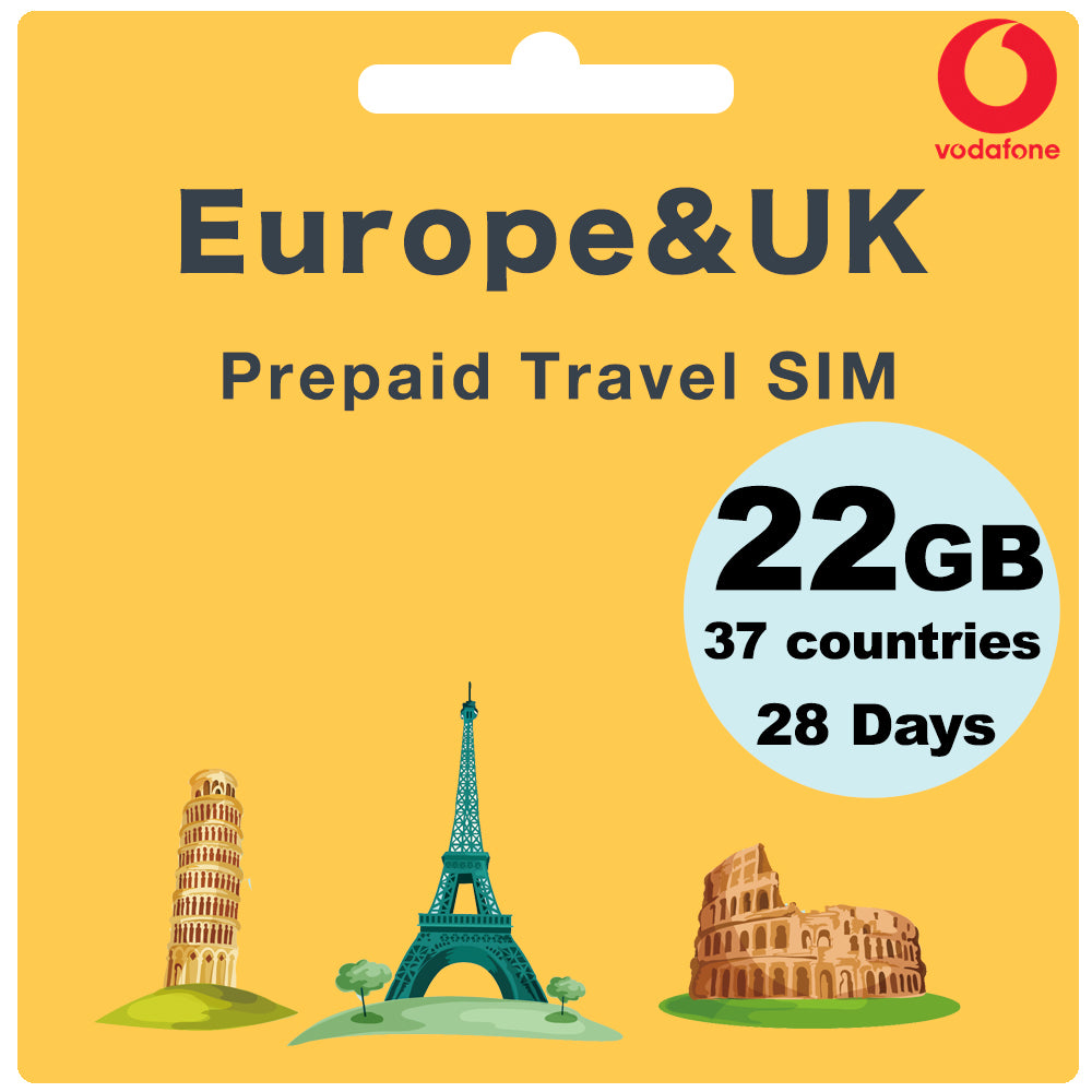 Tarjeta SIM Viajes Europa y Reino Unido 22GB 28 Días - Vodafone