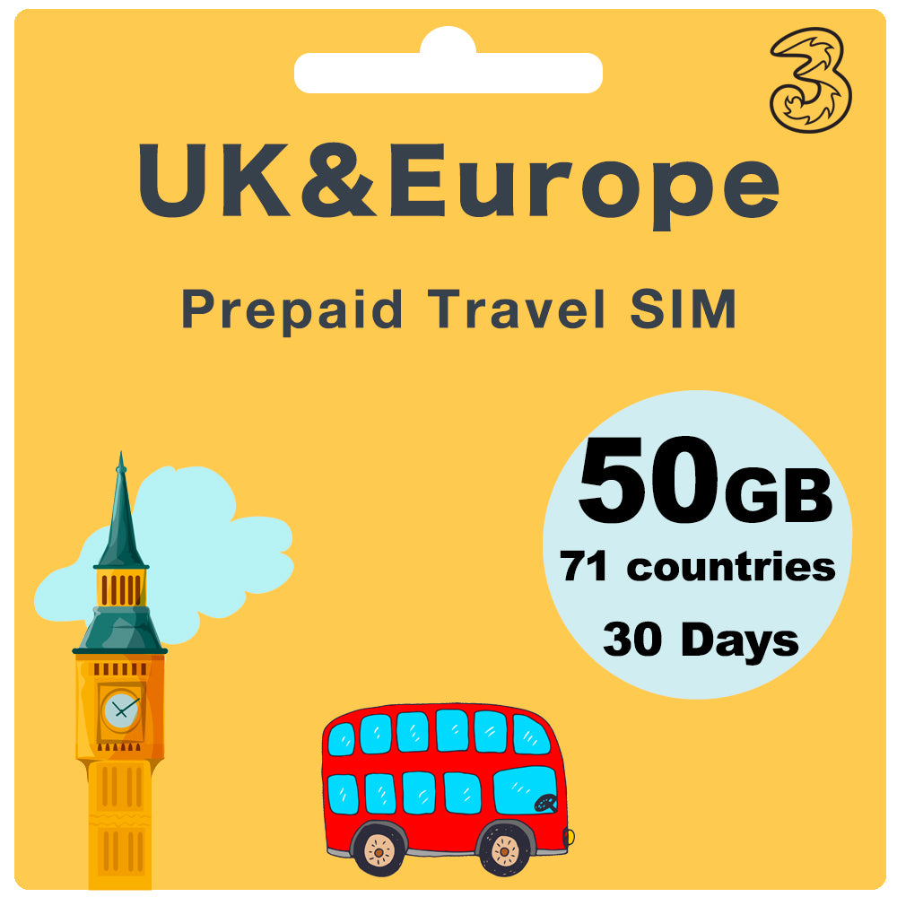 Tarjeta SIM de viaje prepago para Reino Unido y Europa: tres